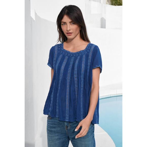 Johnny Was Brigita Blouse Blue Square Neck Eyelet Embroidered Short Sleeve Sz L - Picture 1 of 11